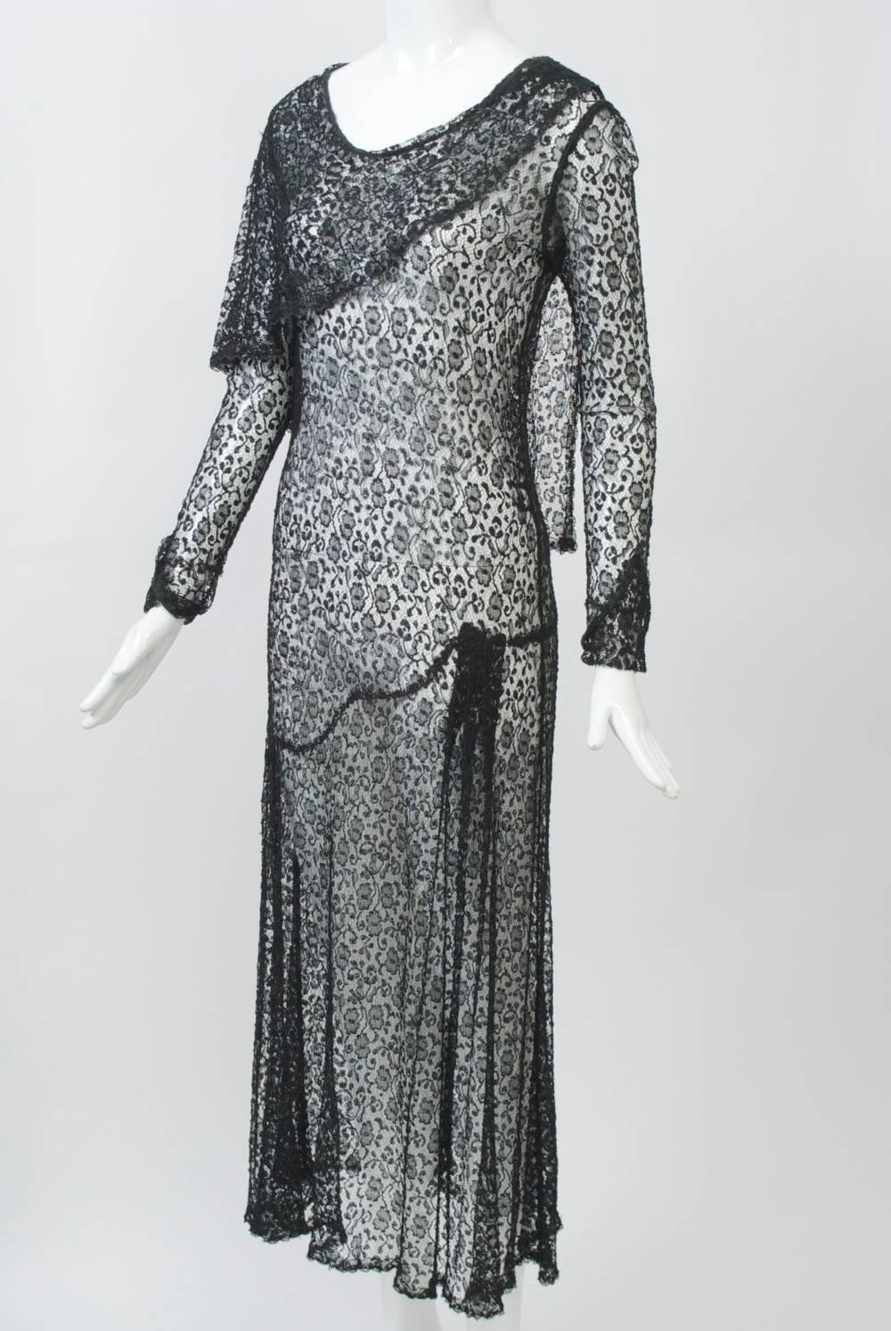 1930s Black Lace Tea Dress In Excellent Condition For Sale In Alford, MA