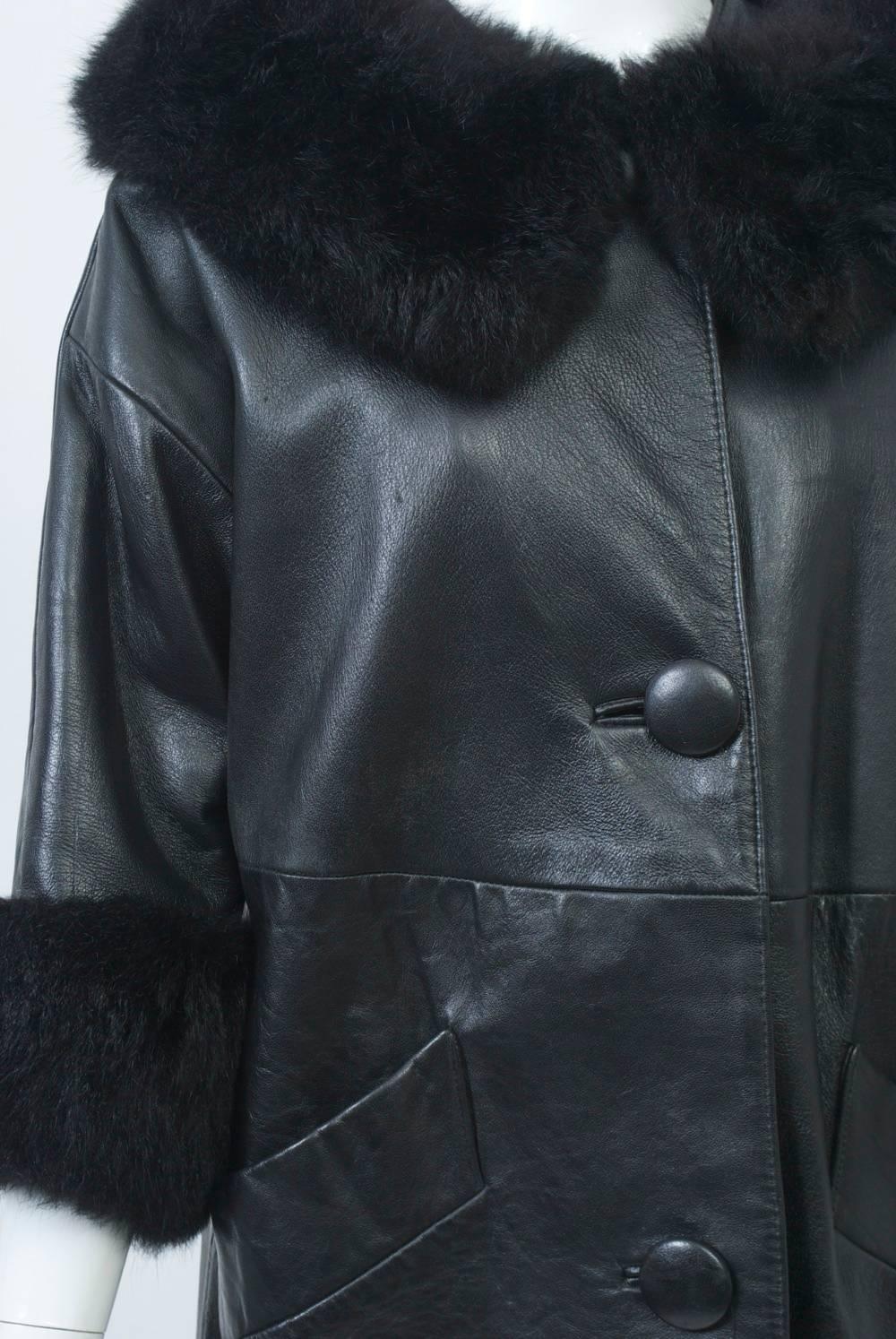 1960s Black Leather Fur-Trimmed coat In Good Condition In Alford, MA