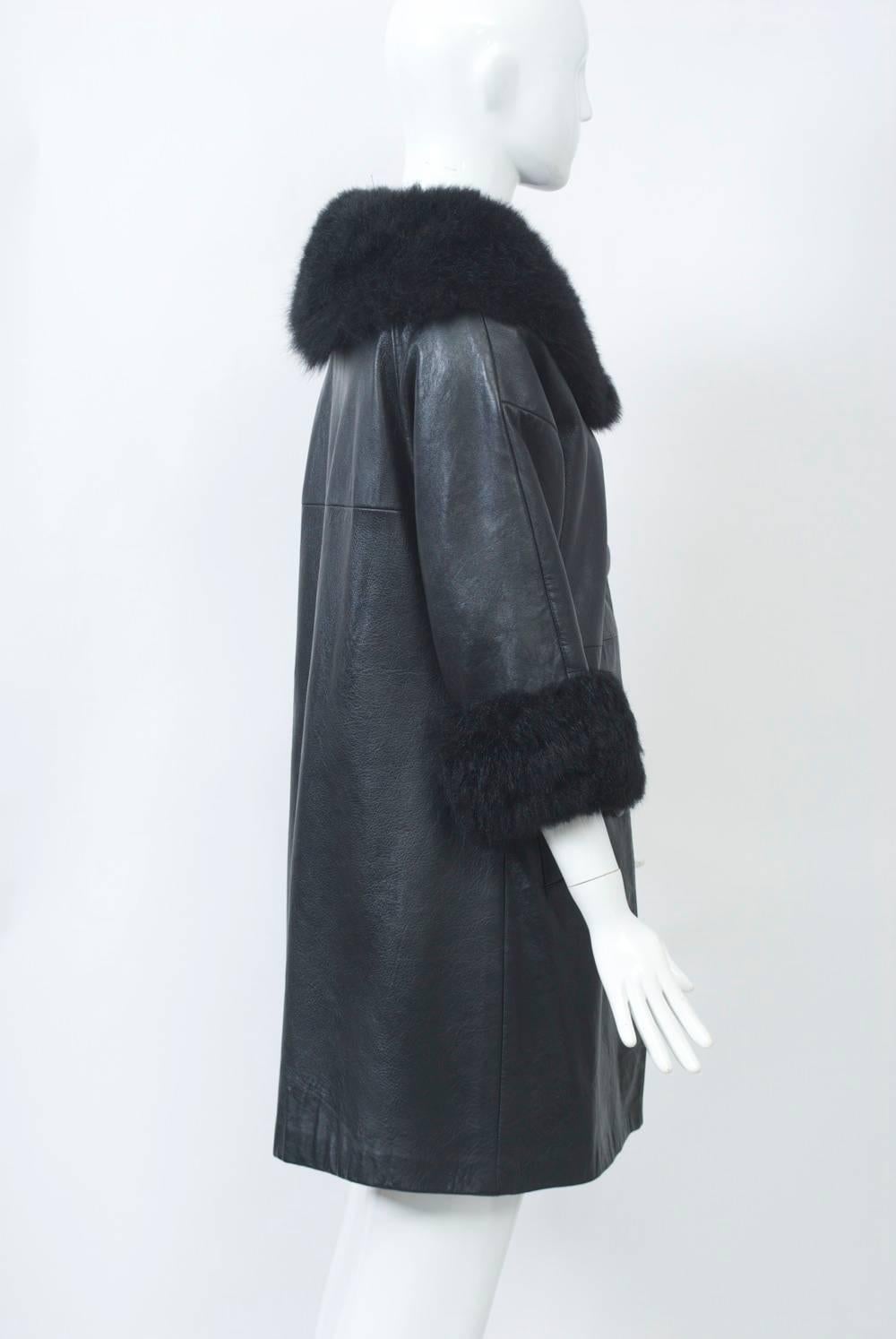Women's or Men's 1960s Black Leather Fur-Trimmed coat