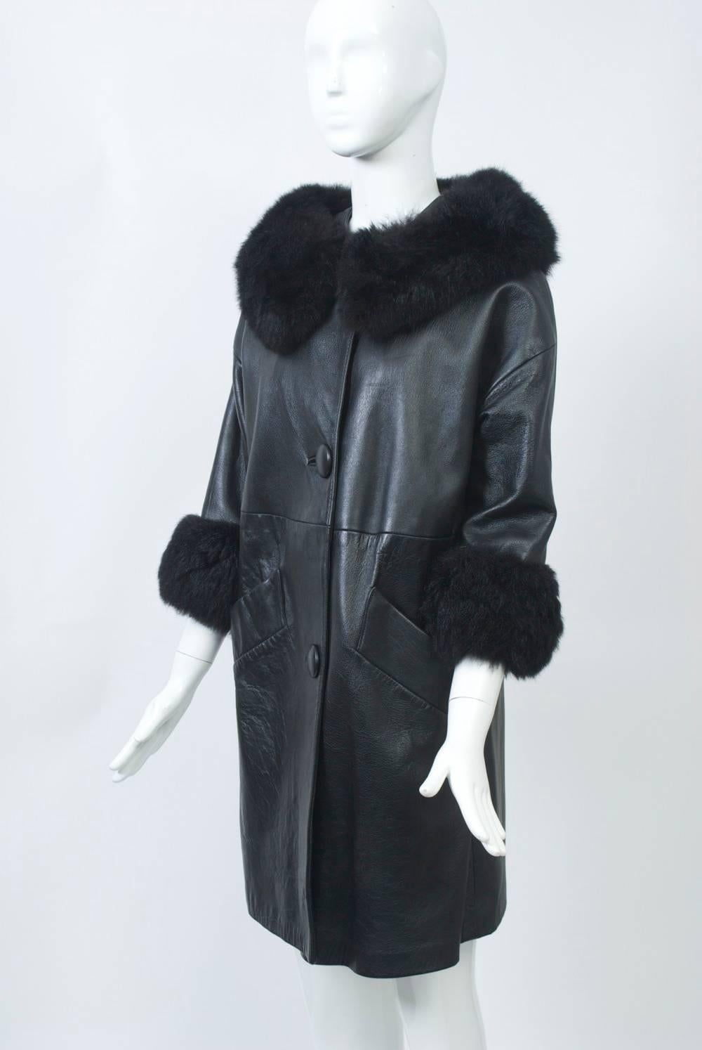 1960s Black Leather Fur-Trimmed coat 2