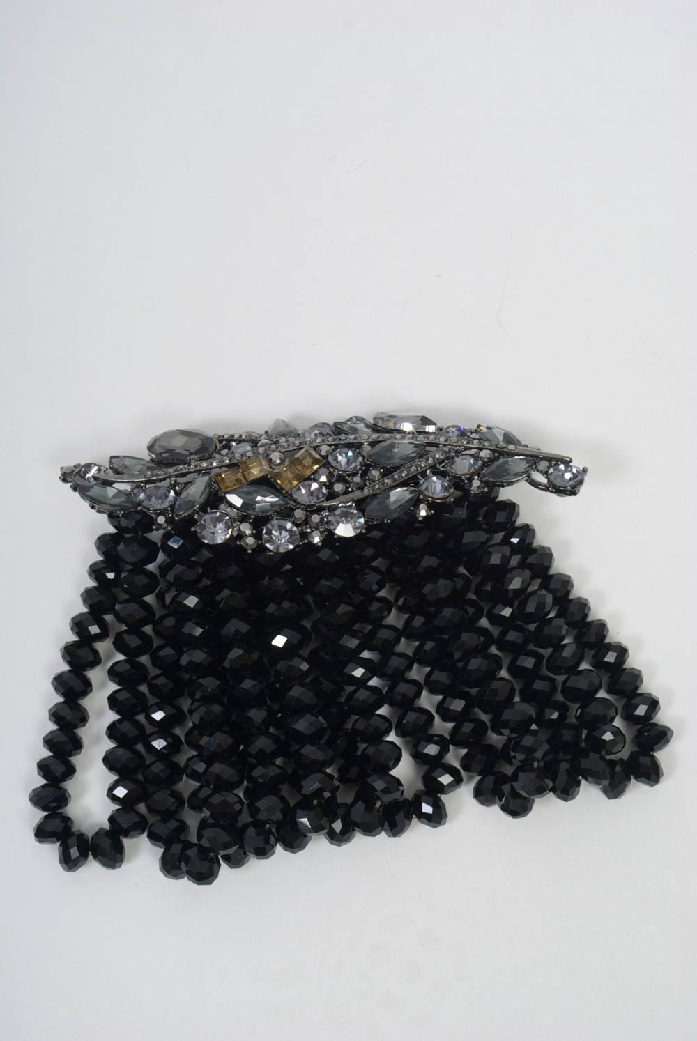 Artisan Black Stone and Crystal Wide Stretch Bracelet