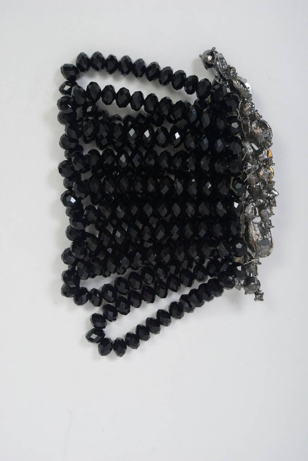 Black Stone and Crystal Wide Stretch Bracelet In Excellent Condition In Alford, MA