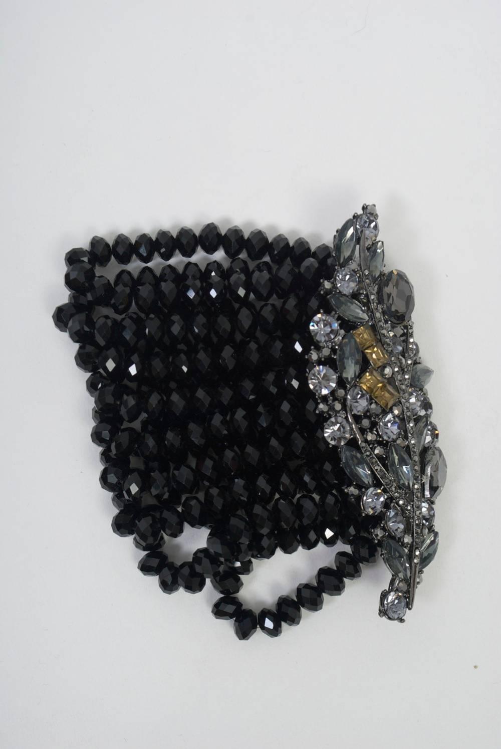 Women's Black Stone and Crystal Wide Stretch Bracelet