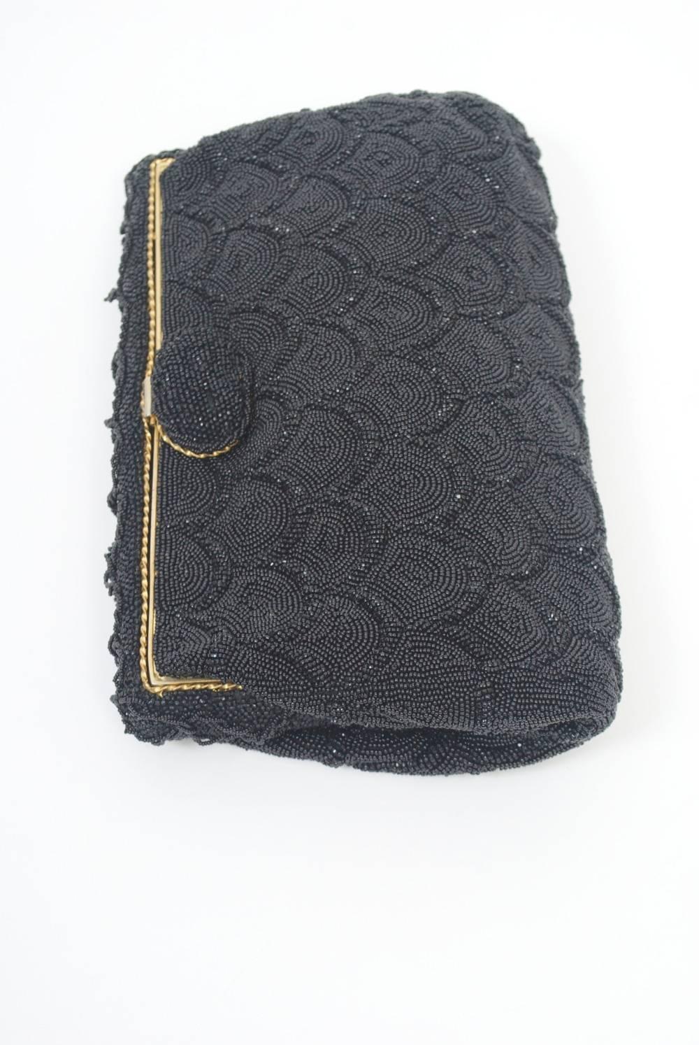 Vintage Black Beaded Clutch In Excellent Condition For Sale In Alford, MA