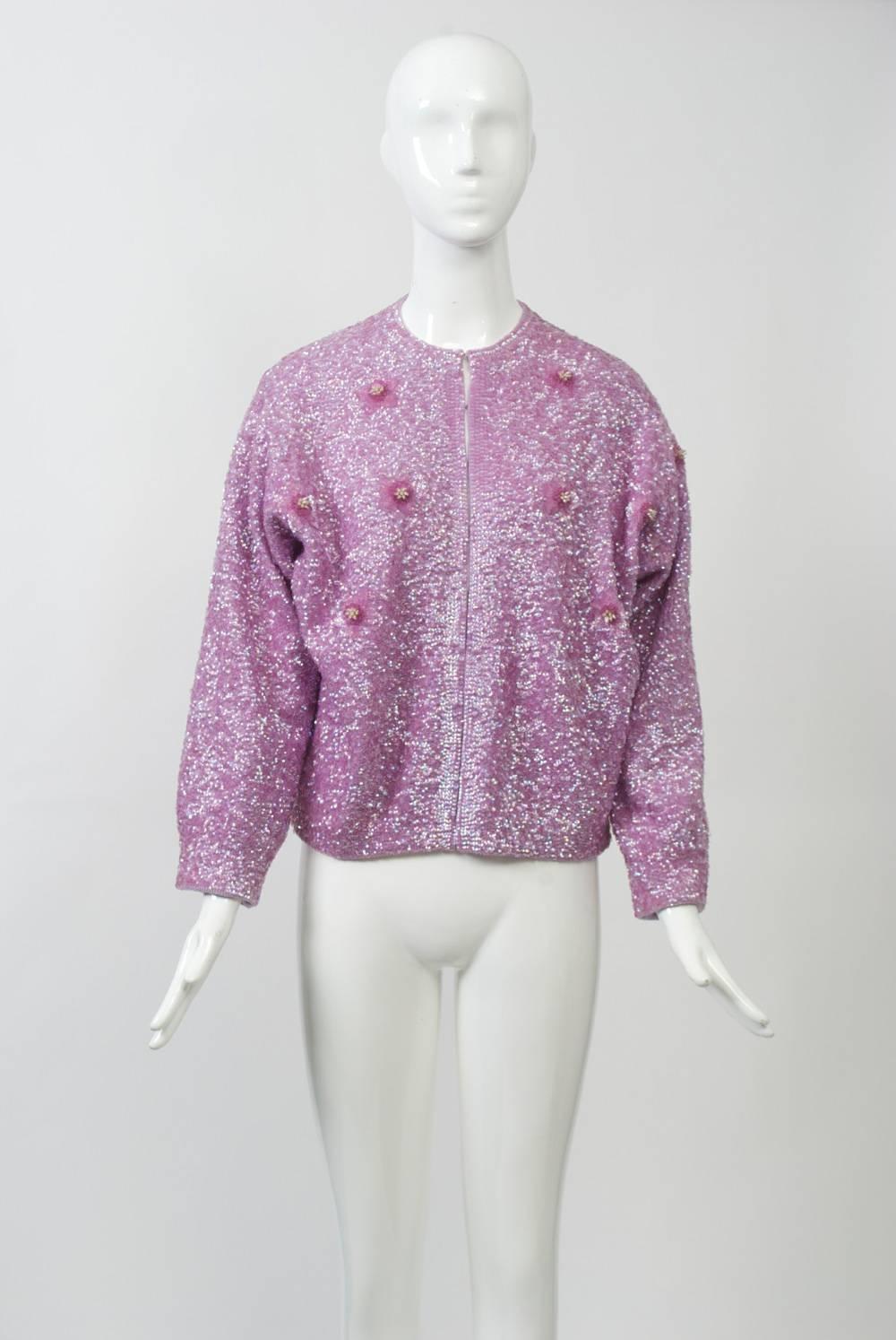 Gray Lavender Sequined Cardigan, Large Size For Sale