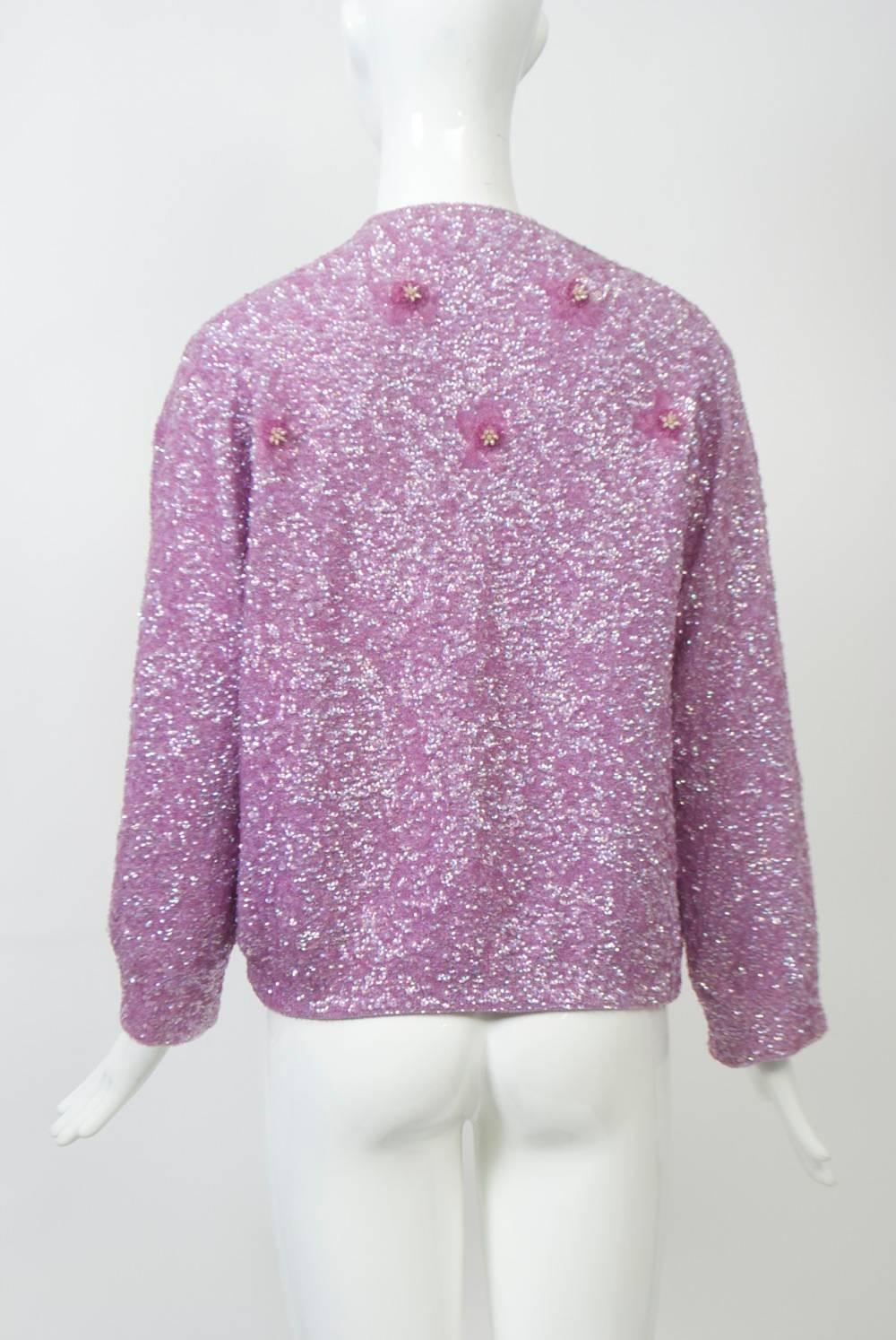 Lavender Sequined Cardigan, Large Size In Excellent Condition For Sale In Alford, MA