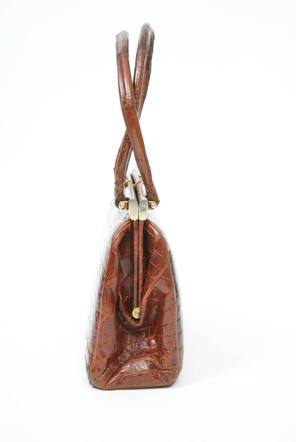 Cognac Crocodile Handbag, France In Excellent Condition In Alford, MA