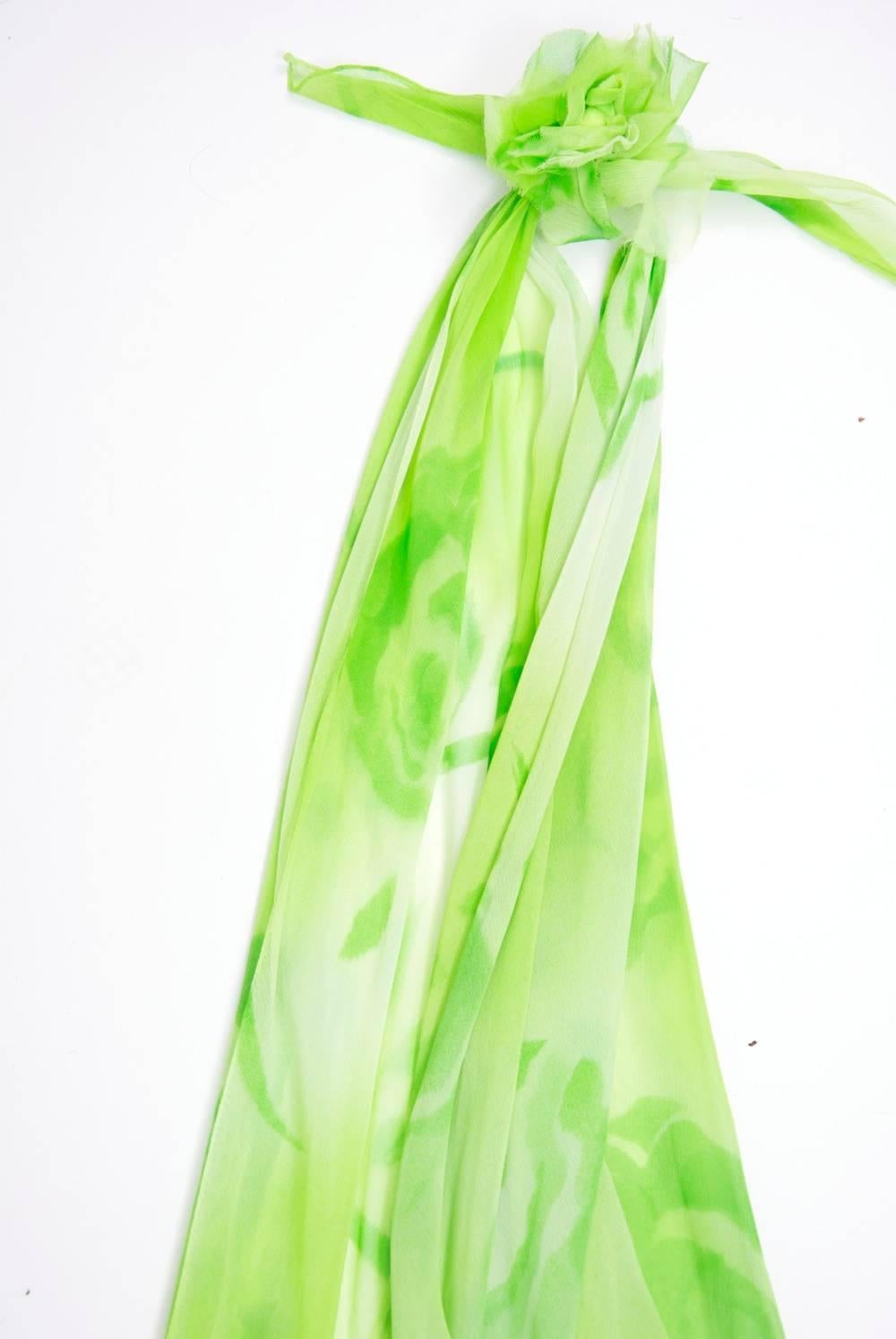 Lime Print Chiffon Gown and Scarf, 1970s  5
