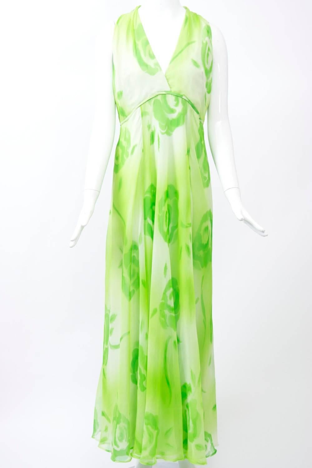 Lime Print Chiffon Gown and Scarf, 1970s  2