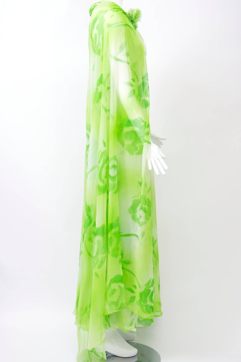Green Lime Print Chiffon Gown and Scarf, 1970s 