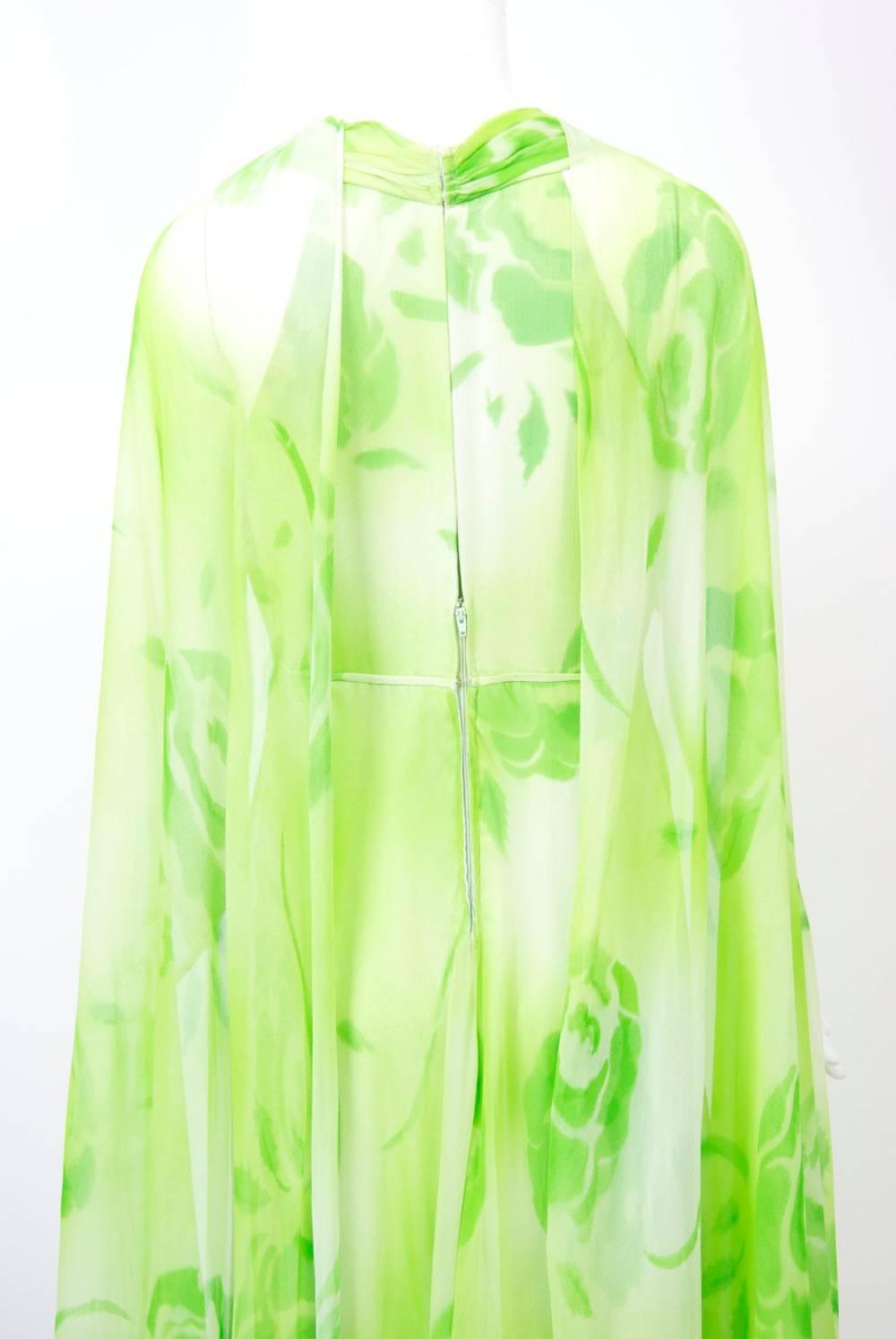 Women's Lime Print Chiffon Gown and Scarf, 1970s 