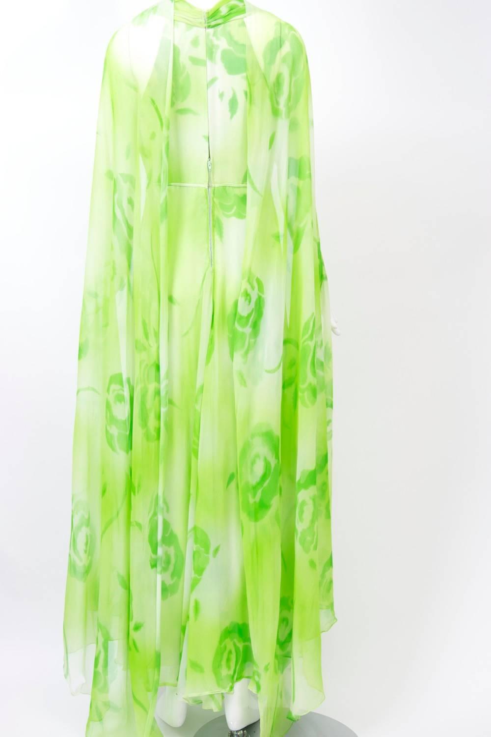 Lime Print Chiffon Gown and Scarf, 1970s  In Excellent Condition In Alford, MA