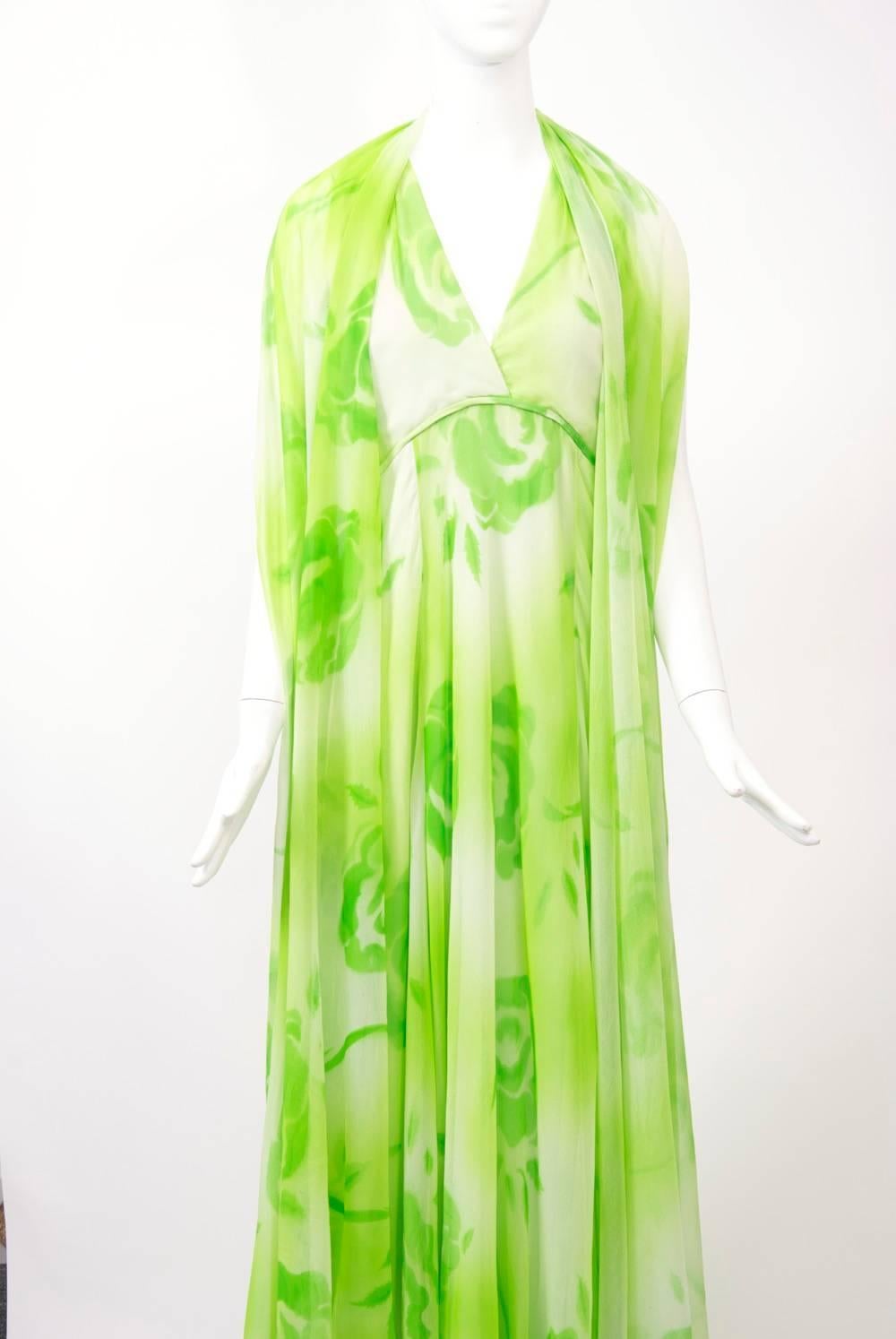 Lime Print Chiffon Gown and Scarf, 1970s  1