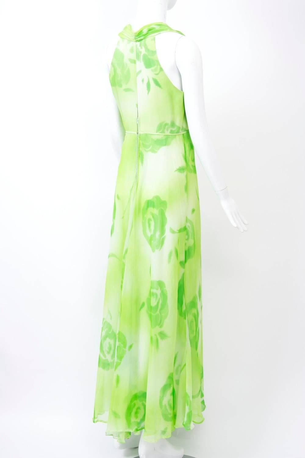 Lime Print Chiffon Gown and Scarf, 1970s  3