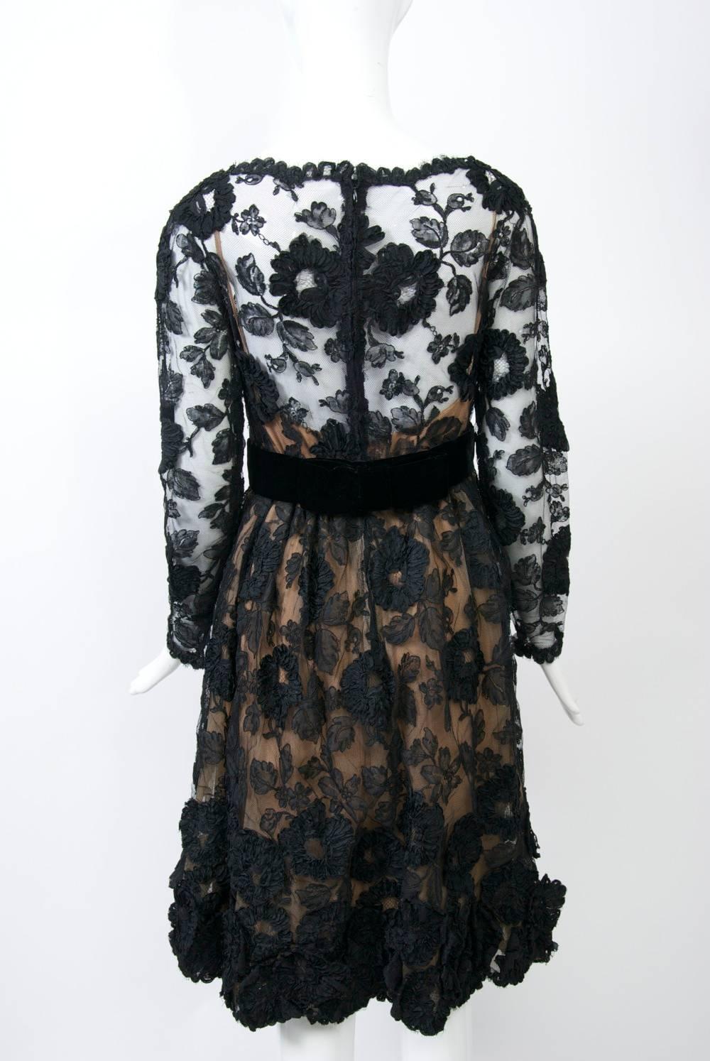 Black Lace Over Nude Dress, 1960s  In Good Condition For Sale In Alford, MA