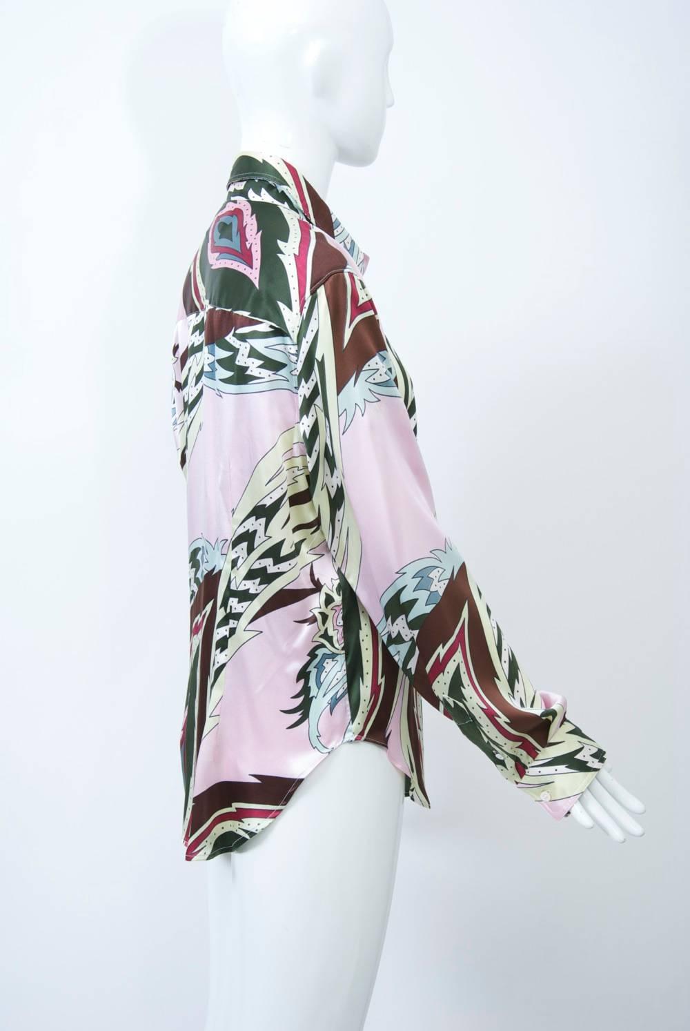 Alexander McQueen Silk Print Blouse, Larger Size In Excellent Condition In Alford, MA