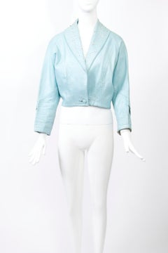 Blue Leather Cropped Jacket with Beading