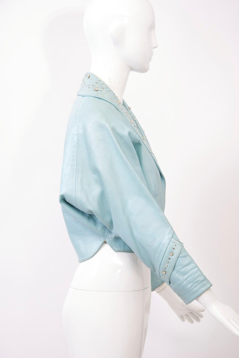 Blue Leather Cropped Jacket with Beading In Good Condition For Sale In Alford, MA