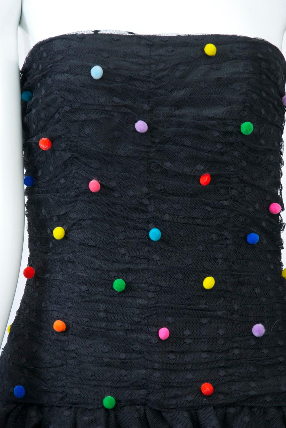 Black Victor Costa Tiered Net Dress w/Multi Pompoms For Sale