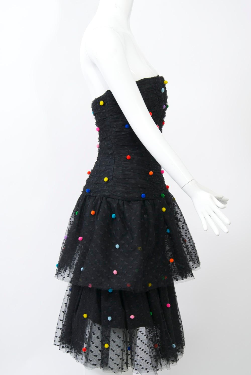 Women's Victor Costa Tiered Net Dress w/Multi Pompoms For Sale