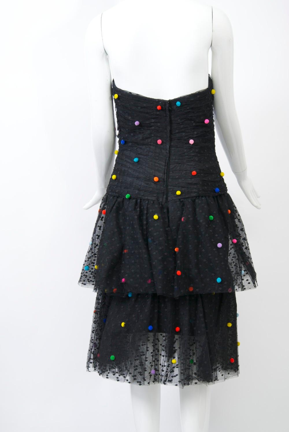 Victor Costa Tiered Net Dress w/Multi Pompoms For Sale 1