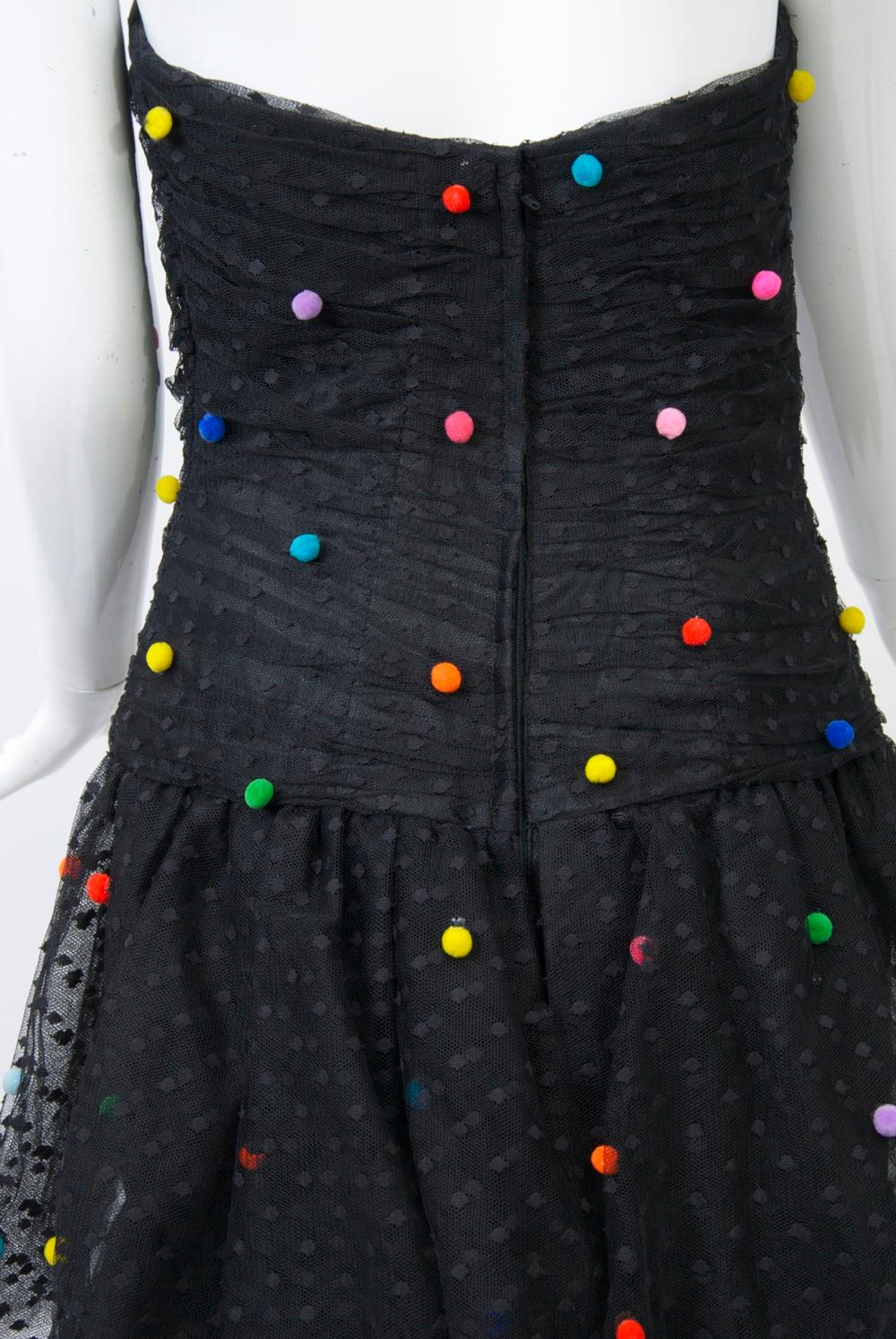 Victor Costa Tiered Net Dress w/Multi Pompoms For Sale 2