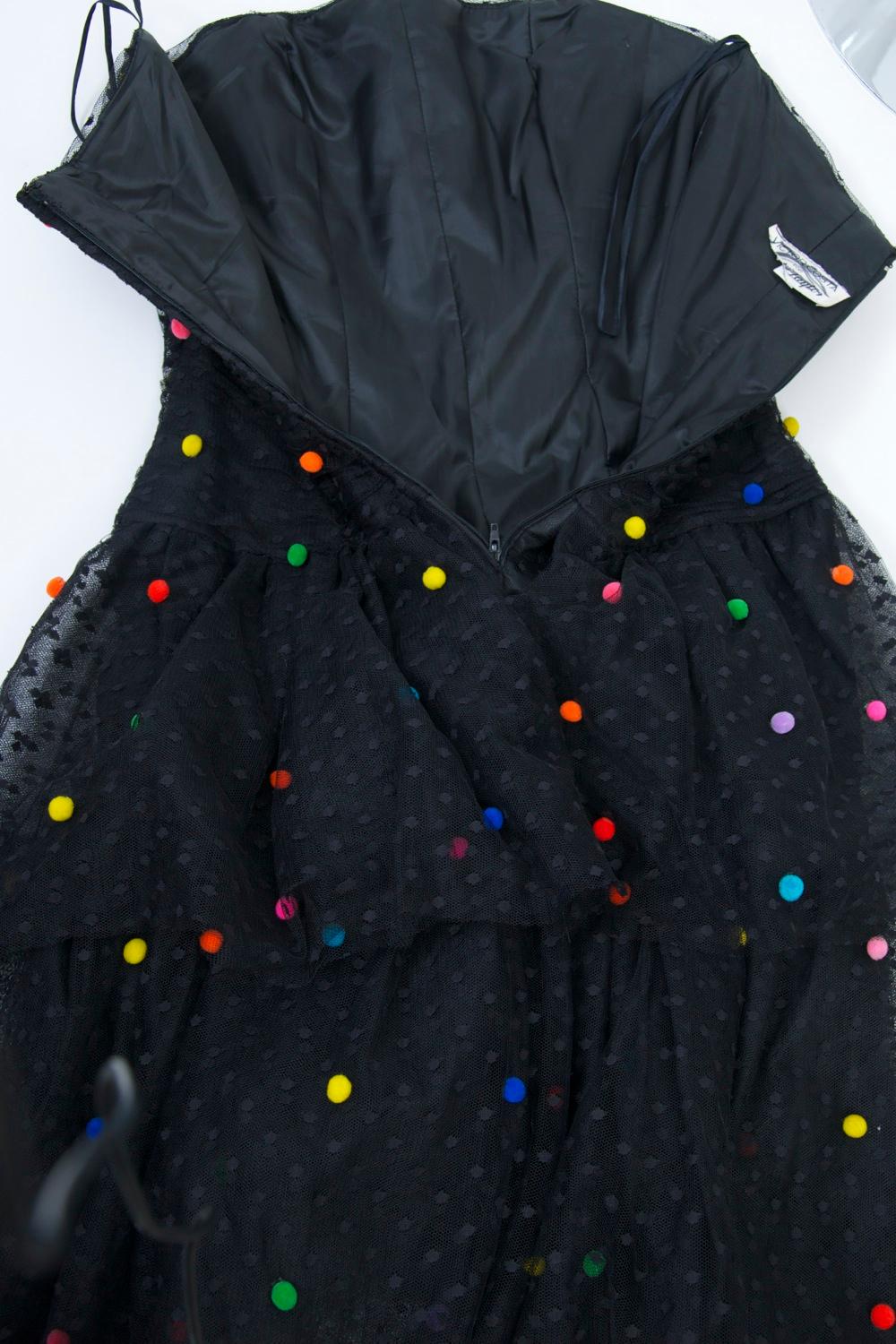 Victor Costa Tiered Net Dress w/Multi Pompoms For Sale 3