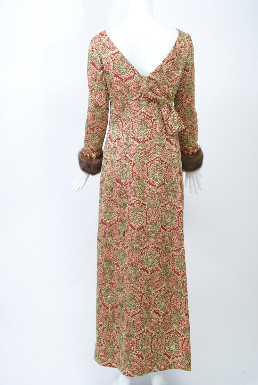 Kiki Hart Brocade Gown with Mink Cuffs In Excellent Condition In Alford, MA