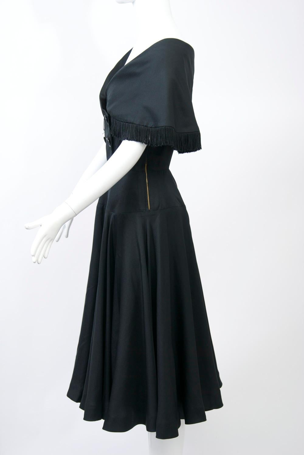 Black Jacques Fath 1950s Dress with Fringed Collar