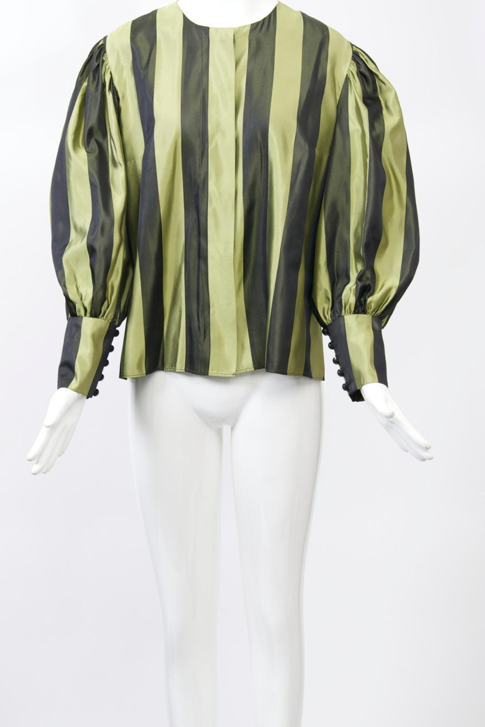 Black Striped Silk Blouse with Velvet Shawl For Sale
