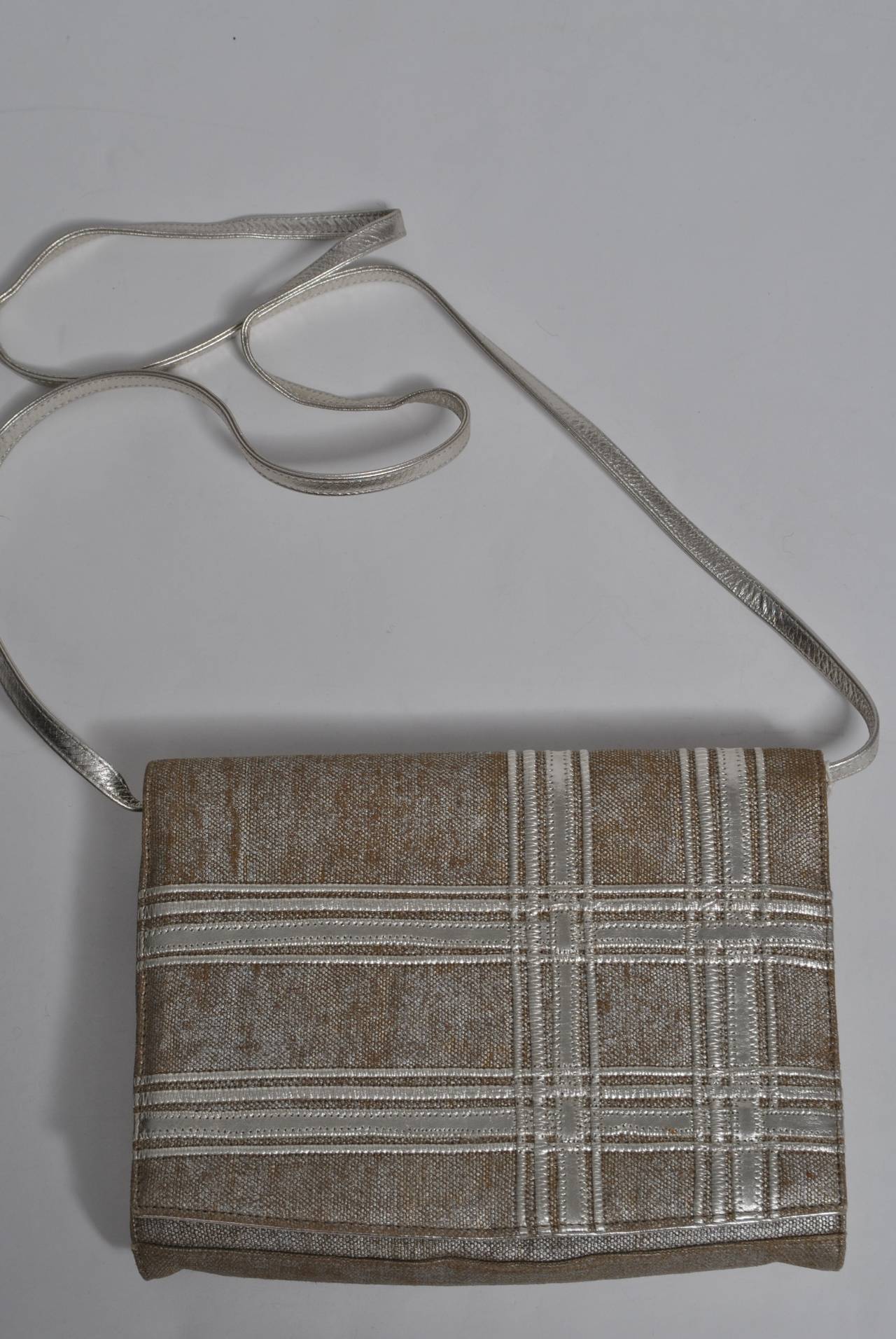 Carlos Falchi Beige Linen and Silver Clutch For Sale 3