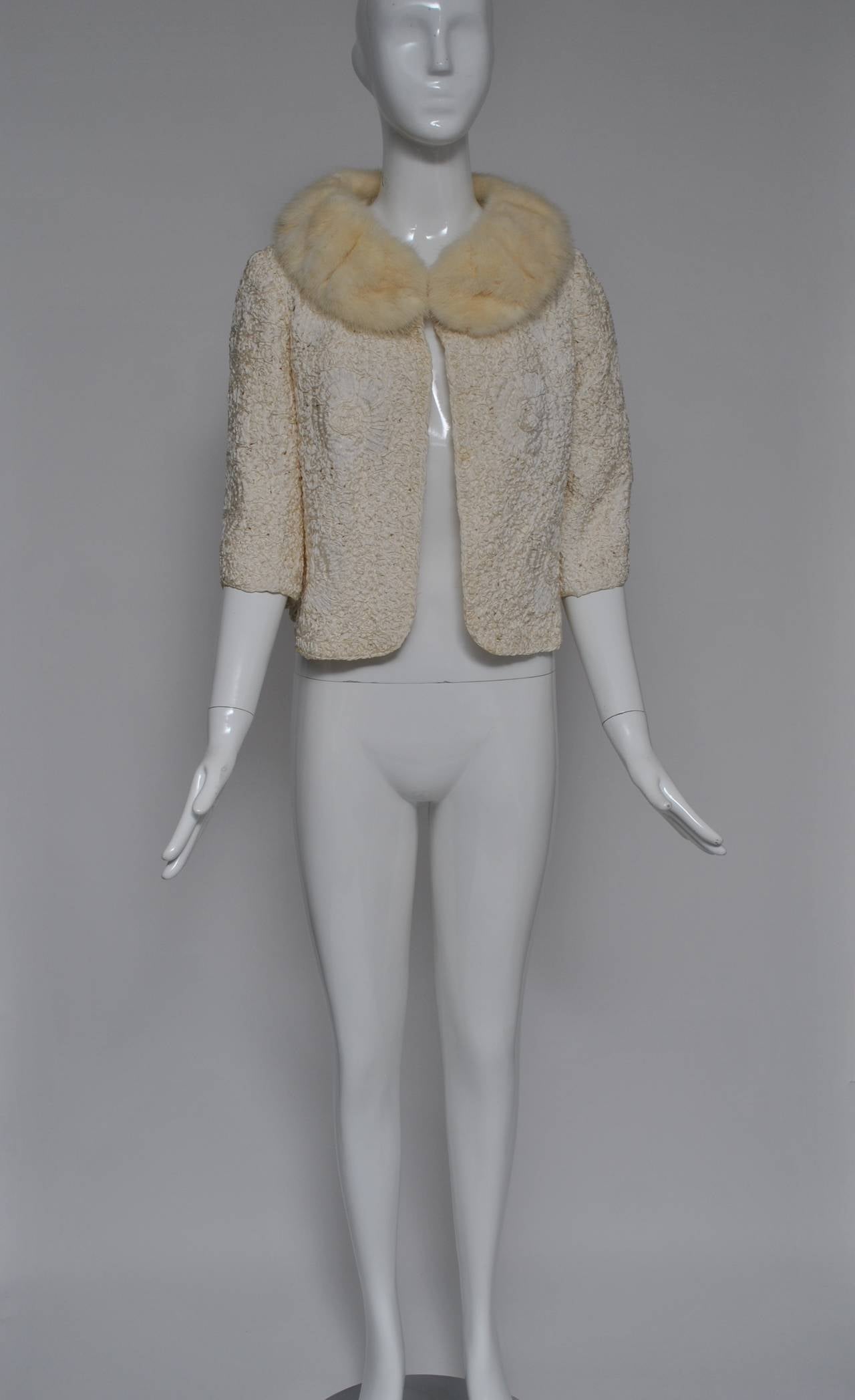 Gray Ivory Ribbon Jacket with Mink Collar For Sale