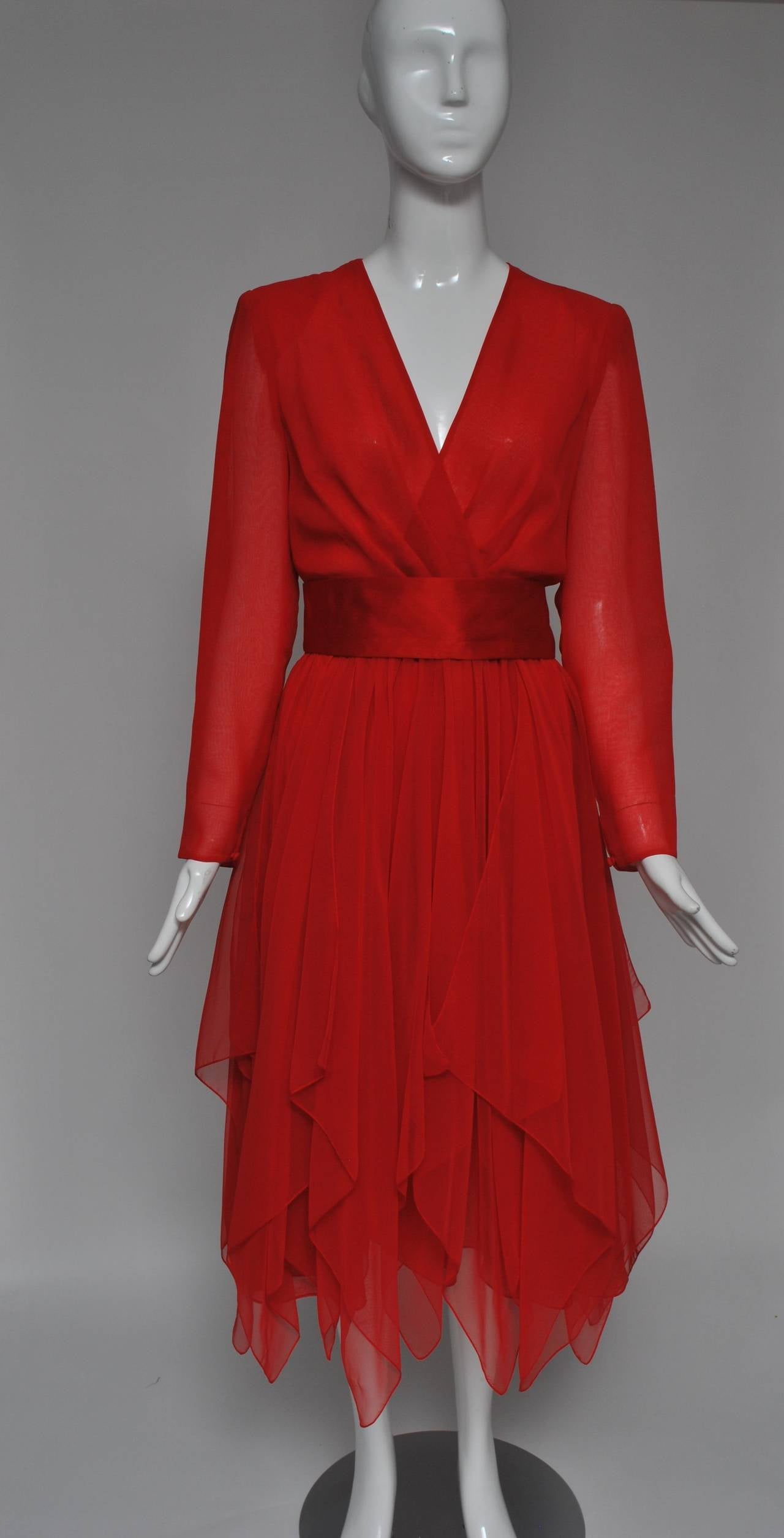 Estevez Red Chiffon Handkerchief Dress In Excellent Condition In Alford, MA