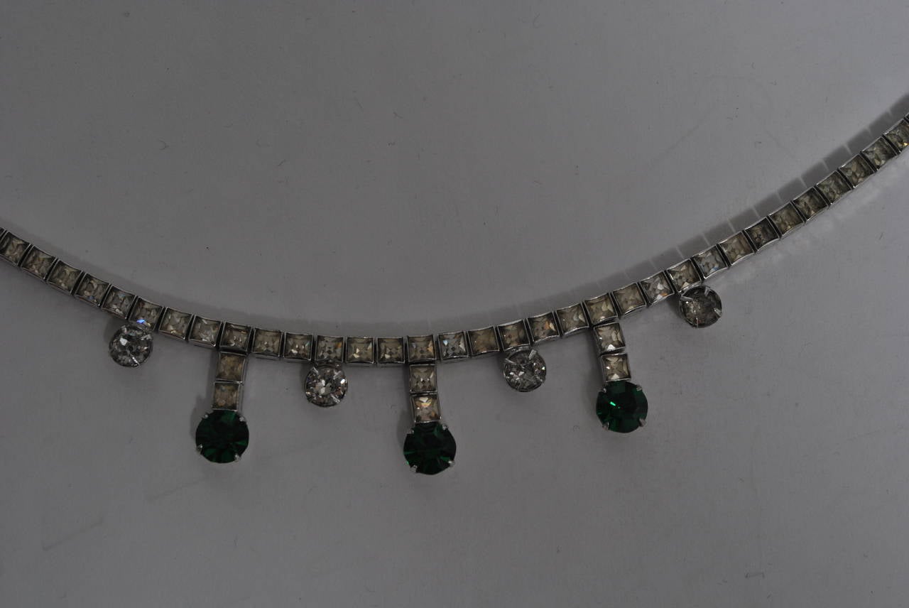 Vintage Rhinestone and Emerald Necklace In Excellent Condition For Sale In Alford, MA