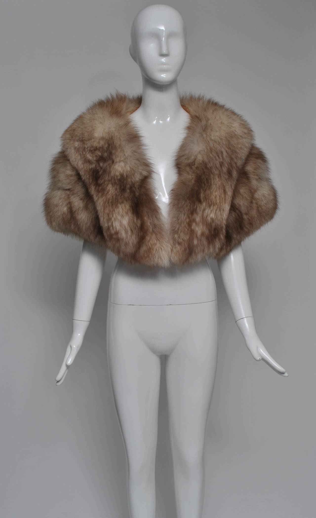 Lush fox stole in a lovely shade of beige/light brown. Deep skins with a shawl collar. Hook closure at bottom front. Skins are fluffy and supple.