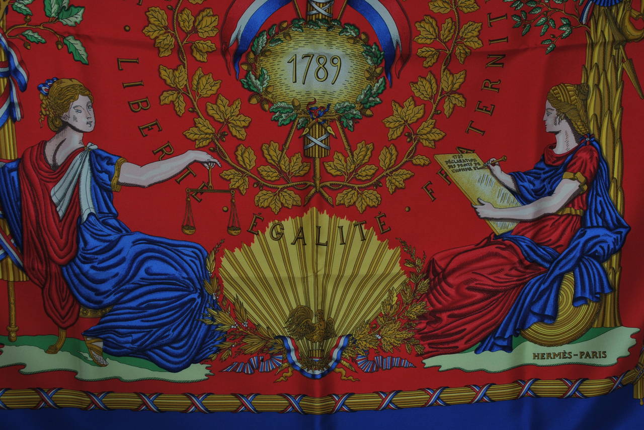 Hermes silk scarf in vivid blues and reds commemorating the bicentennial of the French Revolution of 1789 with its motto 