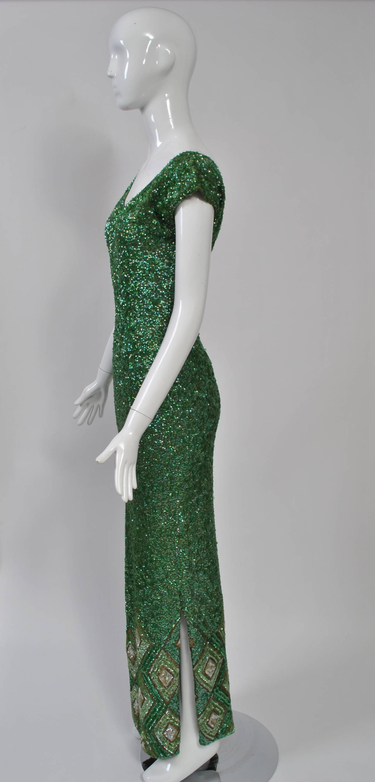 1960s Green Sequin Knit Gown In Excellent Condition In Alford, MA