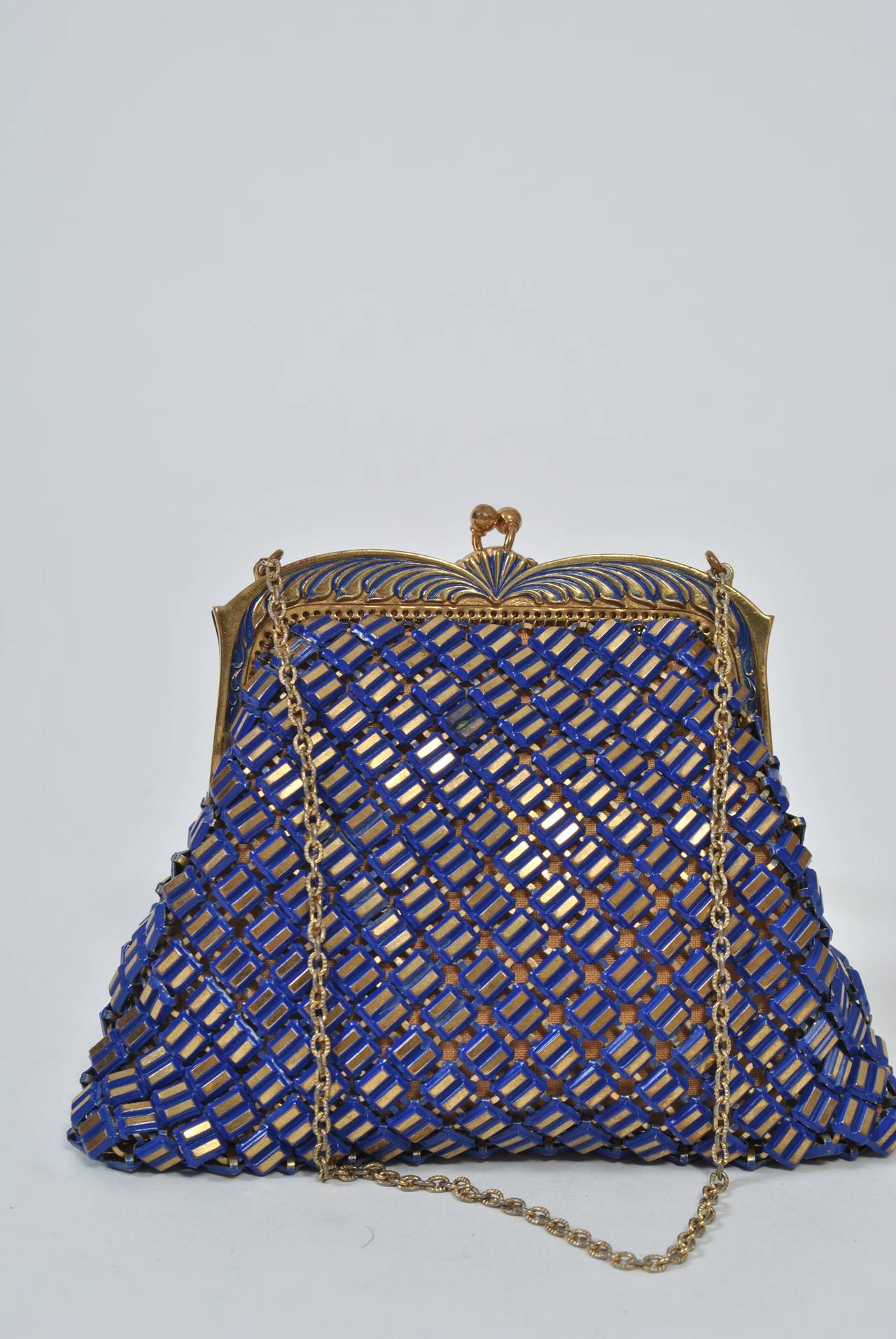 Whiting & Davis Blue and Gold Mesh Bag 1