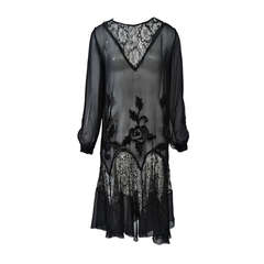 1930s Embroidered Black Chiffon and Lace Dress