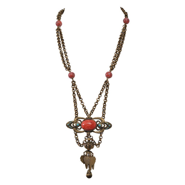 Double Chain Necklace with Coral and Turquoise
