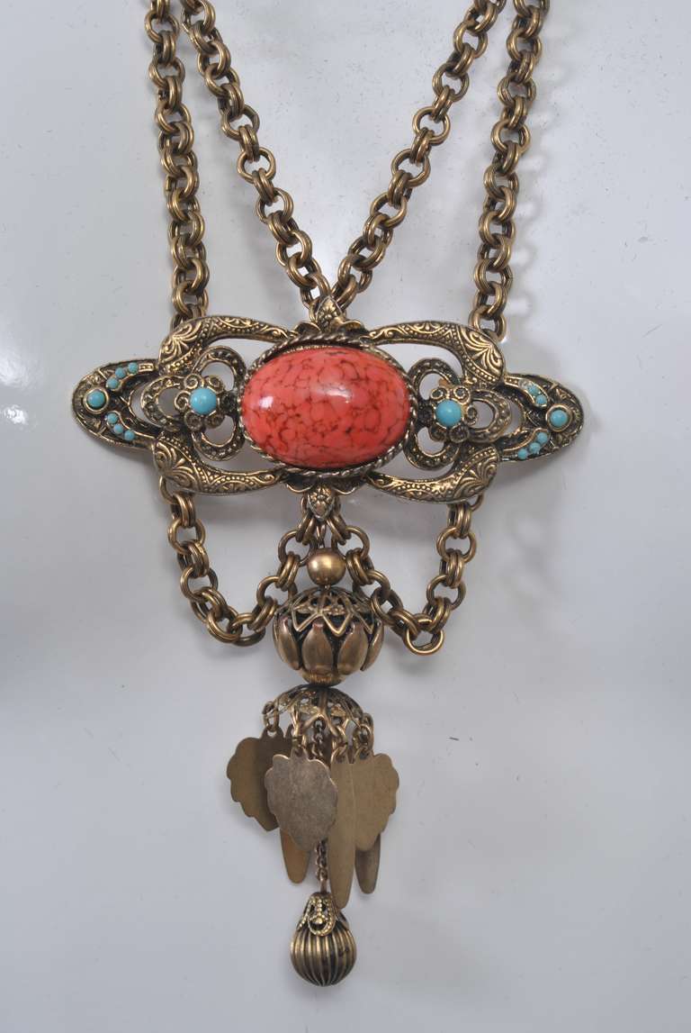 Double Chain Necklace with Coral and Turquoise In Excellent Condition In Alford, MA