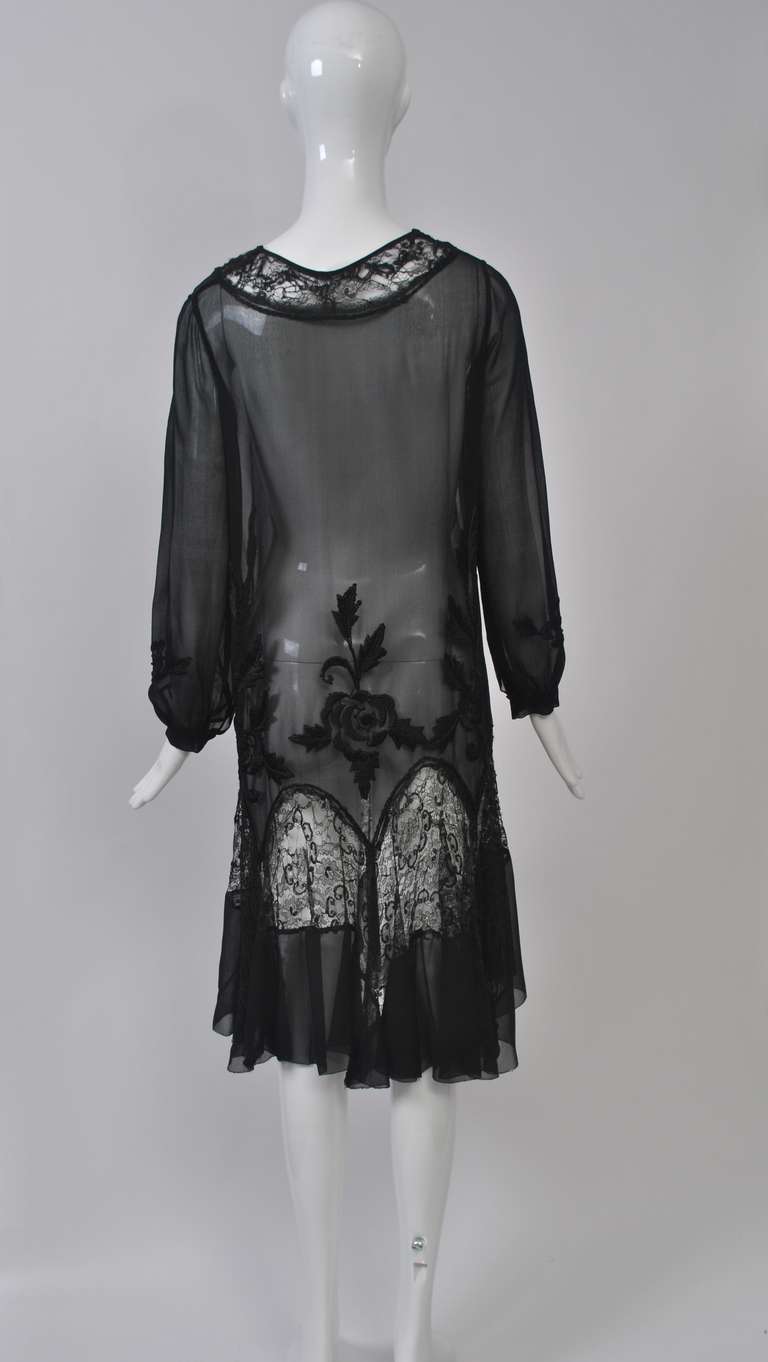 Women's 1930s Embroidered Black Chiffon and Lace Dress