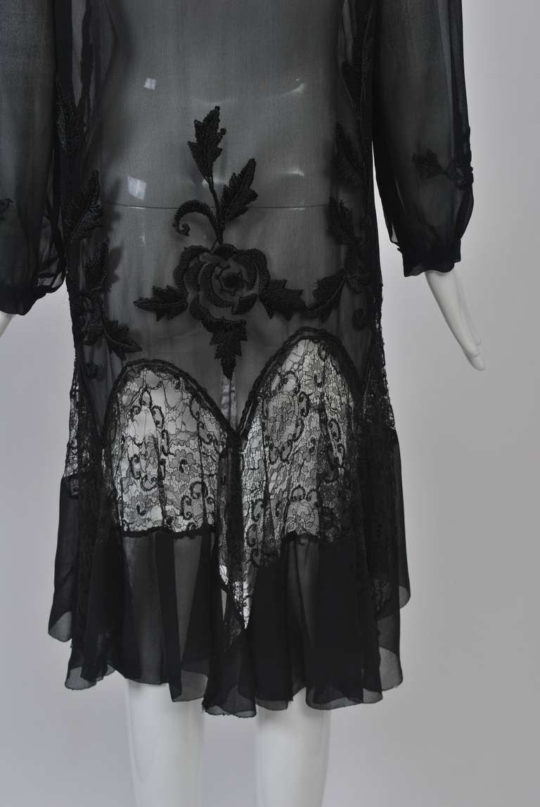 1930s Embroidered Black Chiffon and Lace Dress 1