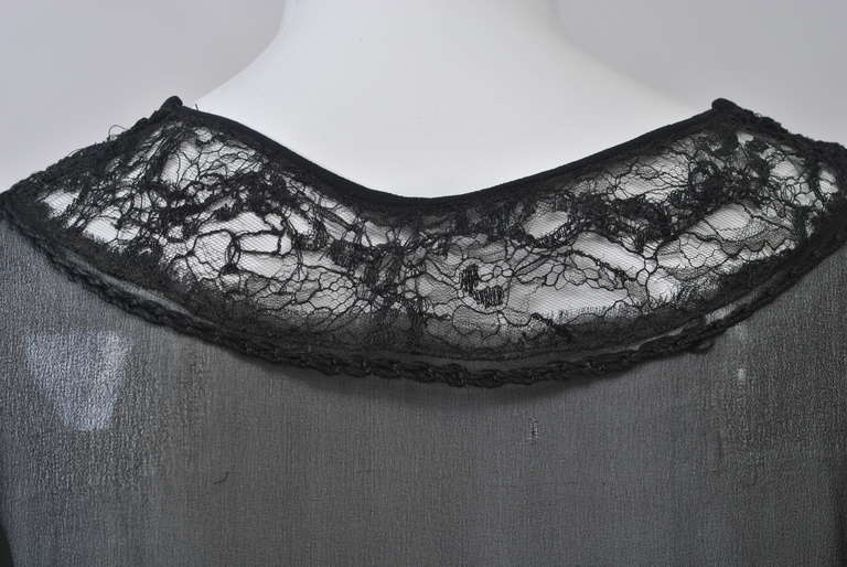 1930s Embroidered Black Chiffon and Lace Dress 2