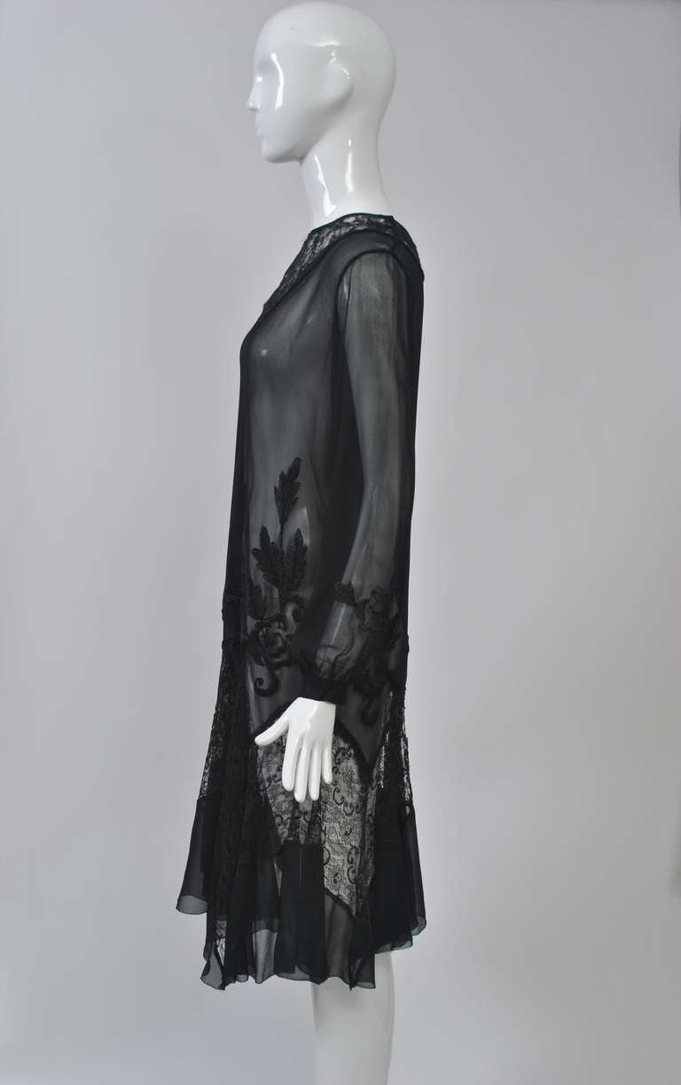 1930s Embroidered Black Chiffon and Lace Dress 3