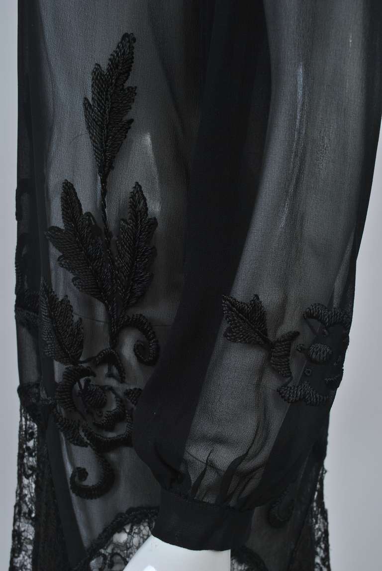 1930s Embroidered Black Chiffon and Lace Dress 4