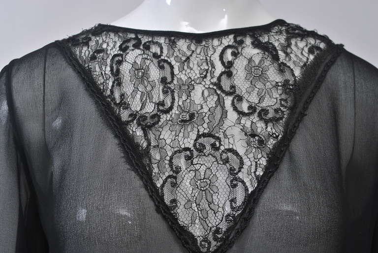 1930s Embroidered Black Chiffon and Lace Dress 5