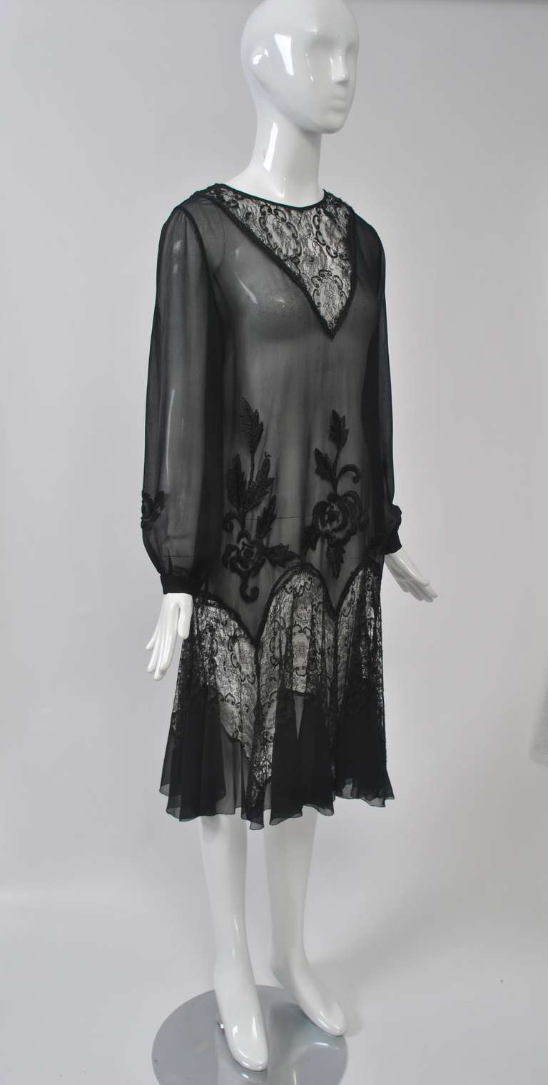 1930s Embroidered Black Chiffon and Lace Dress In Excellent Condition In Alford, MA