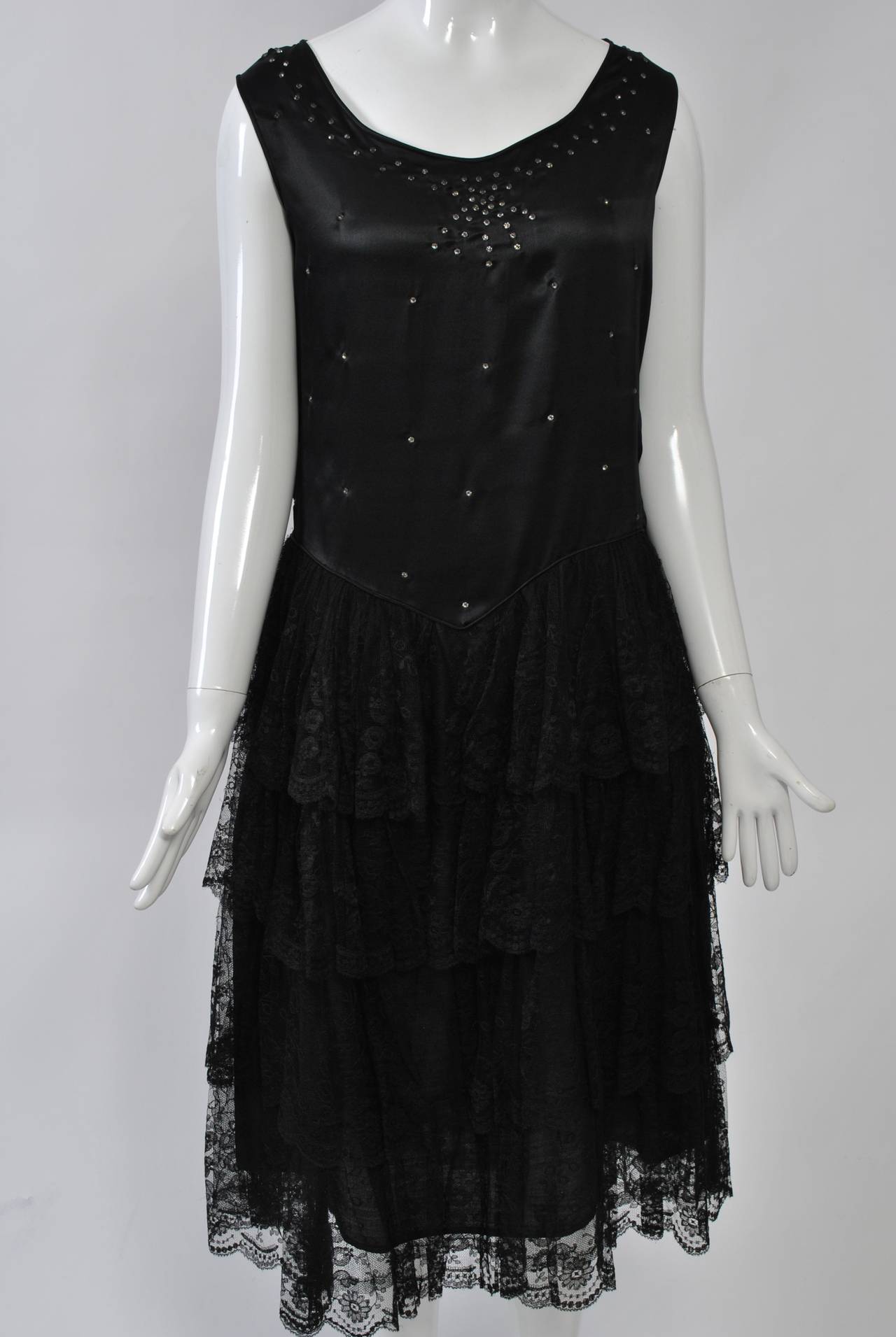 1930s Black Silk and Lace Dress In Excellent Condition For Sale In Alford, MA
