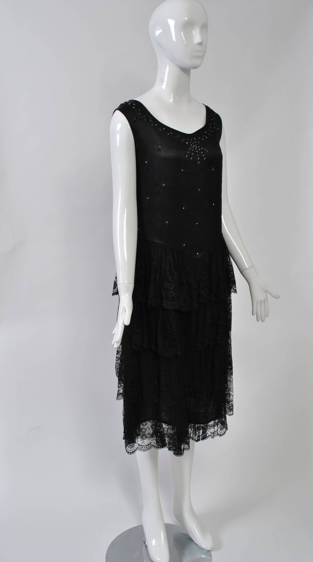 Women's 1930s Black Silk and Lace Dress For Sale
